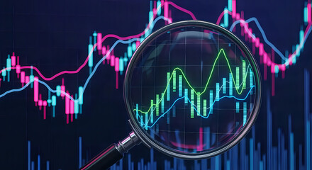 Magnifying glass reveals rising stock market trends and financial data analytics for investment growth