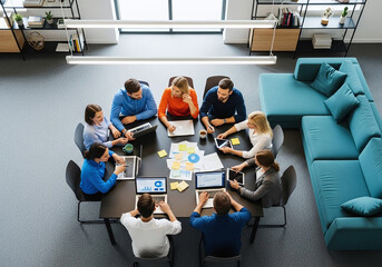 Diverse team of professionals collaborating around a modern conference table with laptops and documents