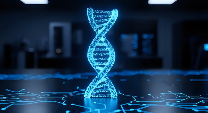 Dynamic glowing blue DNA helix symbolizing innovation and scientific discovery on circuit board