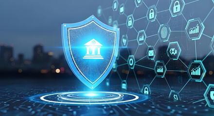 Secure digital shield protects financial data and networks, ensuring robust cybersecurity for modern business.