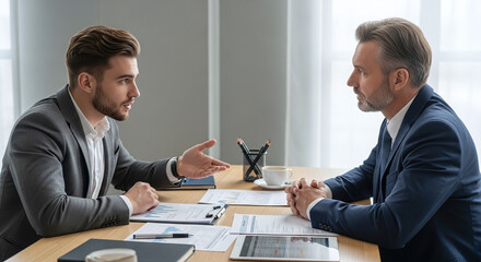 Two businessmen in suits discussing a project at a table in a modern office setting