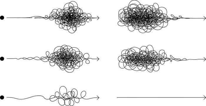 Vector Illustration of Problem Solving Journey: From Tangled Confusion to Clear Direction Arrow