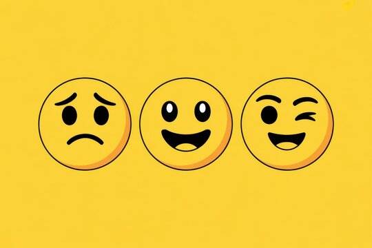 Expressing moods and feelings with a cute emoji set that includes sad, happy, and playful winking faces on a bright yellow background to convey emotion