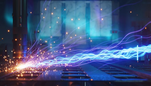 Industrial sparks from a manufacturing process transform into a flowing stream of blue light energy.