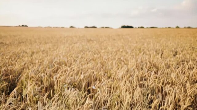 A field of golden wheat stalks interspersed with blue and white wildflowers
