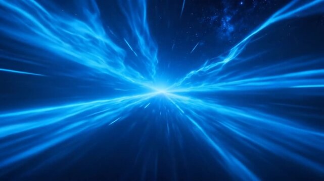 Dynamic motion of blue light streaks in a futuristic hyperspace tunnel