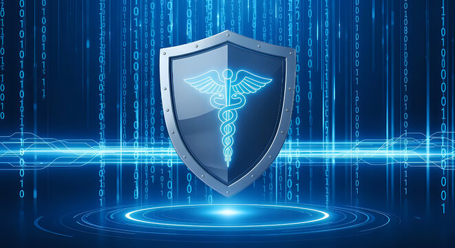 Secure healthcare data with glowing medical shield and futuristic digital binary code background