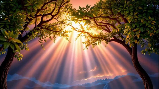 The images depict a serene outdoor scene featuring two large trees with lush, green foliage framing a bright sky