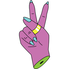 Purple Hand With Light Blue Nails Making a Peace Sign with a Gold Ring on the Finger and a Lime Green Cut Off Bottom on a White Background
