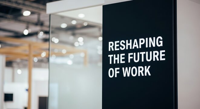Modern office space with text reshaping the future of work on a black panel