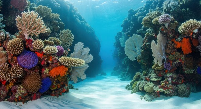 Vibrant coral reef ecosystem underwater seascape with diverse marine life perfect for ocean conservation and marine biology projects