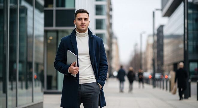A confident businessman walks down a modern city street holding a laptop, embodying professionalism and success