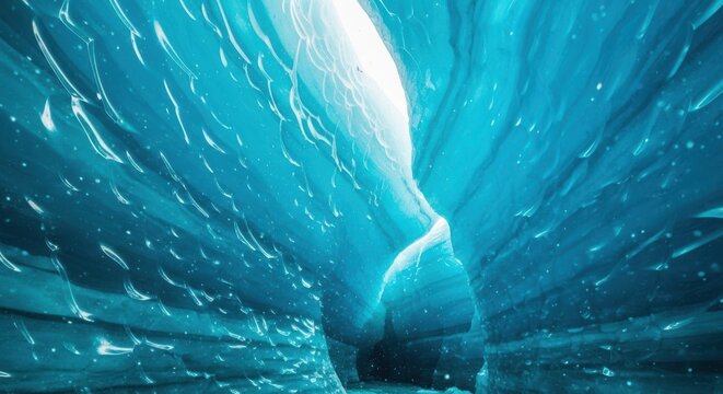 Inside an ice cave with blue ice formations a natural wonder of glacial ice creating a unique winter landscape