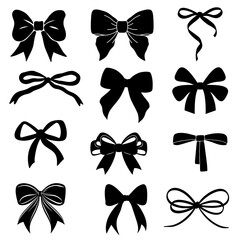Black bow icons in sleek minimalist style, versatile for fashion, gift, decoration, and elegant design projects.