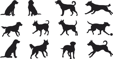 Dog silhouettes, sitting, standing, walking, running, playing, black vector icons, pet motion, canine poses, animal behavior, white background