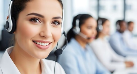 Portrait of a friendly and smiling female call center agent wearing a headset, providing excellent customer service support with her team in the background