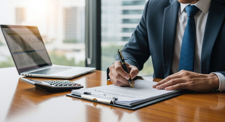 Businessman in a suit signing documents at a desk with a laptop and calculator