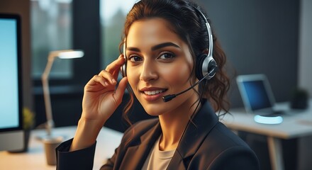 Professional and friendly female call center agent with a headset providing excellent customer service and support in a modern office