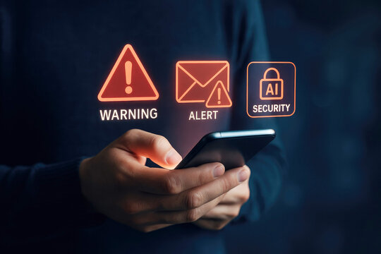 Person holding a smartphone displaying warning alert and AI security icons mobile technology