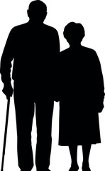 Elderly couple silhouette standing together with cane