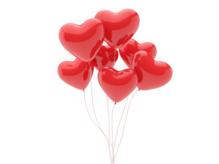 A collection of red heartshaped balloons floating upwards, isolated on a transparent background, perfect for celebrations
