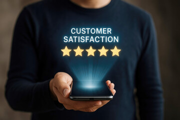 Person holding smartphone displaying customer satisfaction stars and text rating feedback