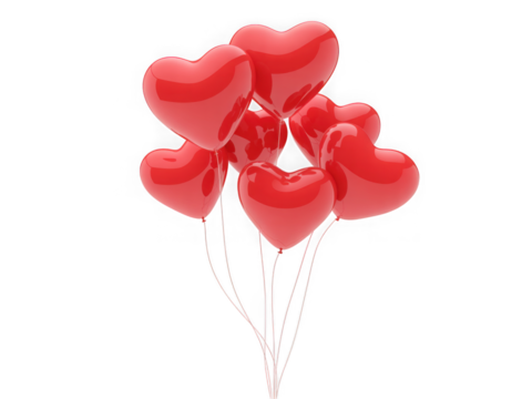  A collection of red heartshaped balloons floating upwards, isolated on a transparent background, perfect for celebrations