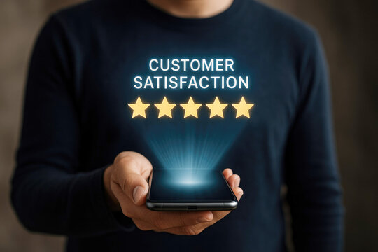 Person holding smartphone displaying customer satisfaction stars and text rating feedback