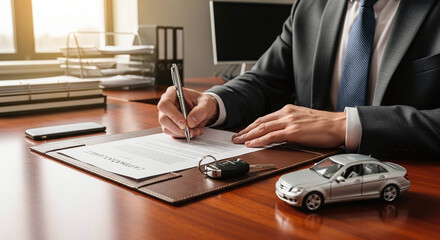 A person in a suit signs a document with a car key and a toy car on the desk