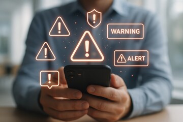 Person holding smartphone with glowing orange warning, alert, and shield symbols mobile phone technology