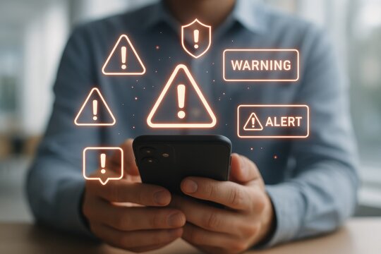 Person holding smartphone with glowing orange warning, alert, and shield symbols mobile phone technology