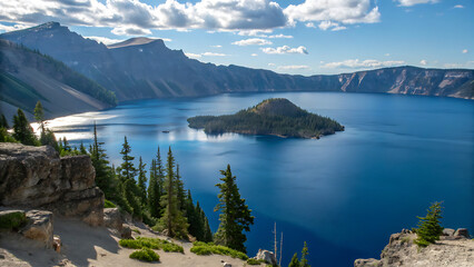 Crater lake national park, oregon, usa a stunning view of wizard island in the deep blue waters of the caldera, surrounded by lush green forests and mountains © Mdhasan