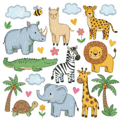 Obraz premium Kids Animal Doodle Set – Hand-Drawn Childish African Wildlife Illustrations Featuring Cute Cartoon Elephant, Lion, Crocodile, Capybara, and Palm Trees in Colorful Pencil Scribble Style.