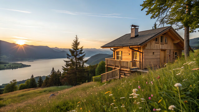Idyllic wooden cabin nestled on a hillside overlooking a serene lake at sunset, surrounded by wildflowers and lush greenery in the austrian alps - Powered by Adobe