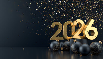 Elegant 2026 New Year celebration with golden confetti and festive ornaments