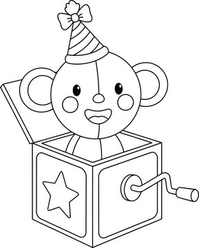 Cute monkey jack in the box toy with party hat illustration