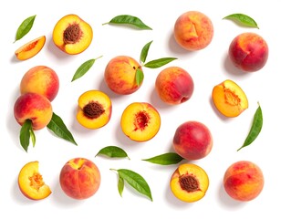 Naklejka premium Overhead shot of ripe peaches, cut halves, and green leaves