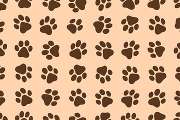 Fototapeta premium Seamless pattern of brown paw prints on a beige background, repeated design.
