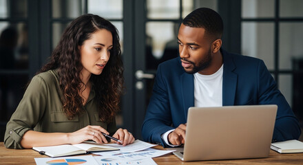 Two diverse colleagues collaborating on a project, reviewing documents and using a laptop in an office setting