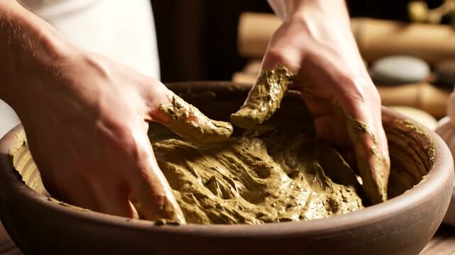 Hands mixing clay in a rustic bowl, close-up of texture
