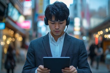 Young Asian man in a suit and headphones stands outside, looking alarmed at the screen of the tablet hes holding, visibly distressed by the bad news hes receiving, Generative AI