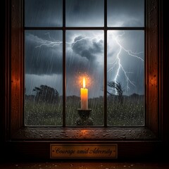 A single lit candle placed on a windowsill during a thunderstorm with lightning illuminating dark clouds outside, symbolizing hope and resilience amid adversity