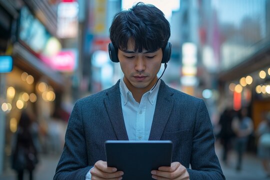 Young Asian man in a suit and headphones stands outside, looking alarmed at the screen of the tablet hes holding, visibly distressed by the bad news hes receiving, Generative AI