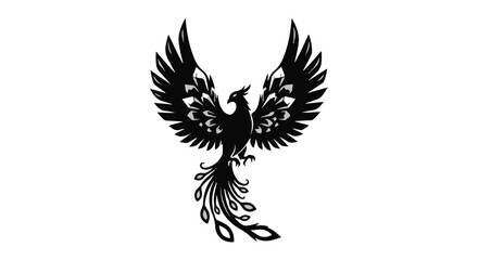 Fototapeta premium Majestic black phoenix with spread wings against a white background, symbolizing rebirth and power.
