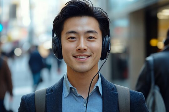 Close-up photo of young Asian man in a suit and headphones standing outside, using a tablet and engaging in an online conversation with a smile, Generative AI - Powered by Adobe