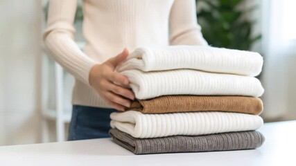 Woman folding clean with soft sweaters.