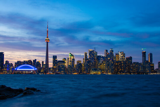 Toronto Skyline at Blue Hour, Featuring the Illuminated  Downtown Financial District from the Waterfront