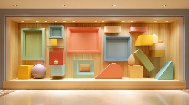 Abstract geometry display wood case with floating shapes & colors - Powered by Adobe