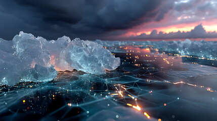 Crystal snowflake network over teal polar icecape, neon lines connecting nodes, soft blue twilight, futuristic illustration.