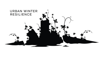 Urban winter resilience symbolized by silhouette of buildings with growing vines